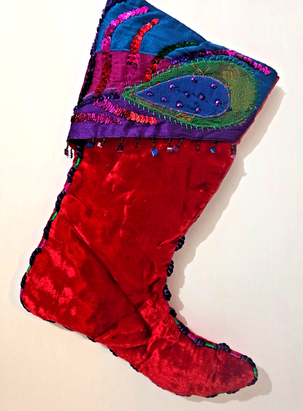 Pier 1 One Imports Whimsical Bejeweled Elf Shoe Christmas Stocking 20"